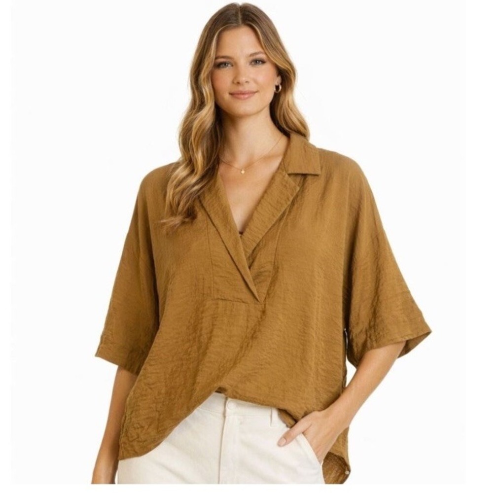 ANTHROPOLOGIE The Dylon Short Sleeve Wide Placket Top Women's Size XL. Mustard